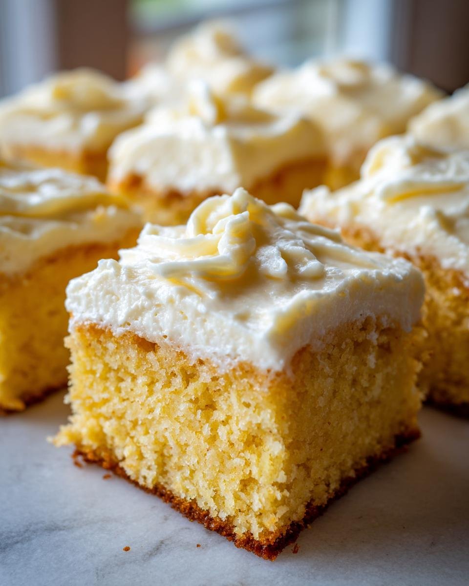 Close-up of a slice of Irresistible Banana Bars with fluffy cream cheese frosting.