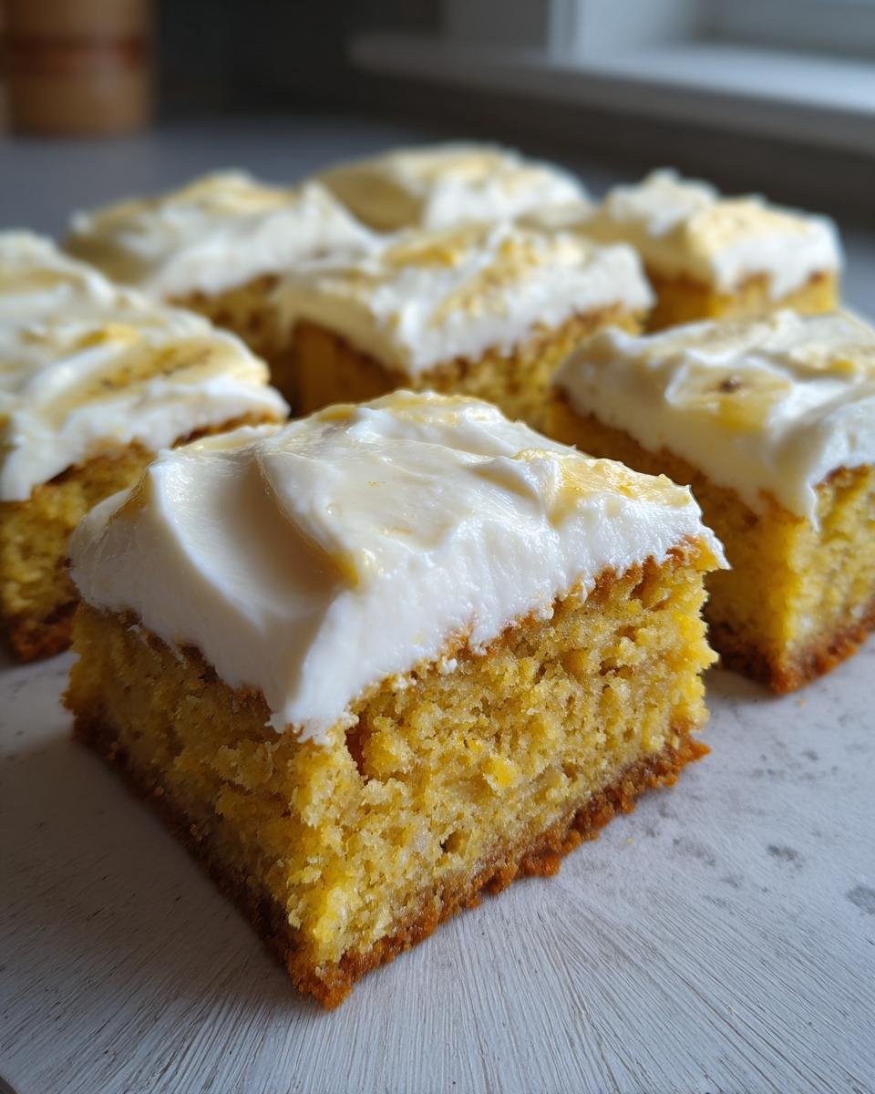 Close-up of Irresistible Banana Bars with Cream Cheese Frosting, showing a thick layer of frosting on moist banana cake.