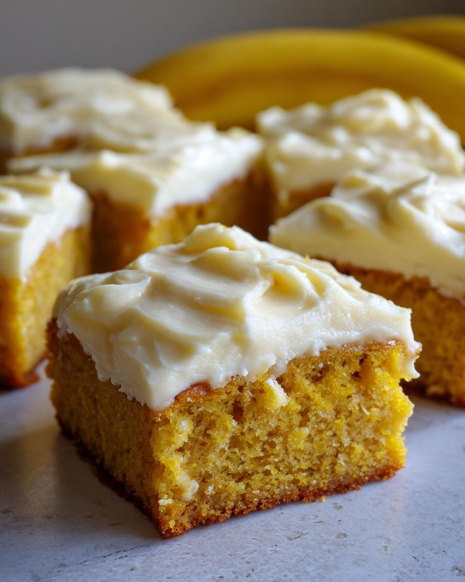 Close-up of irresistible banana bars with creamy cream cheese frosting, with bananas in the background.