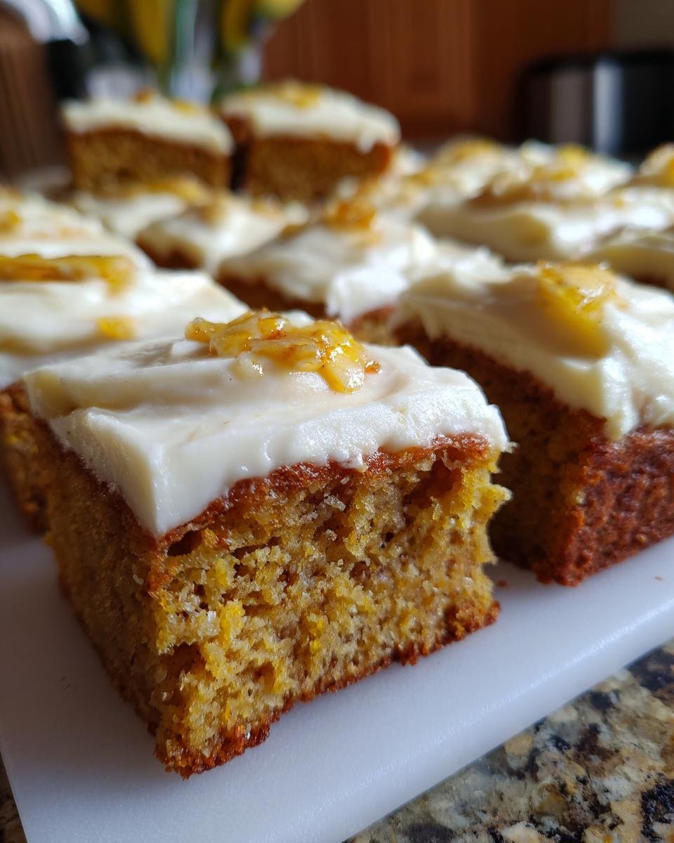 Close-up of Irresistible Banana Bars With Cream Cheese Frosting, topped with candied orange peel.
