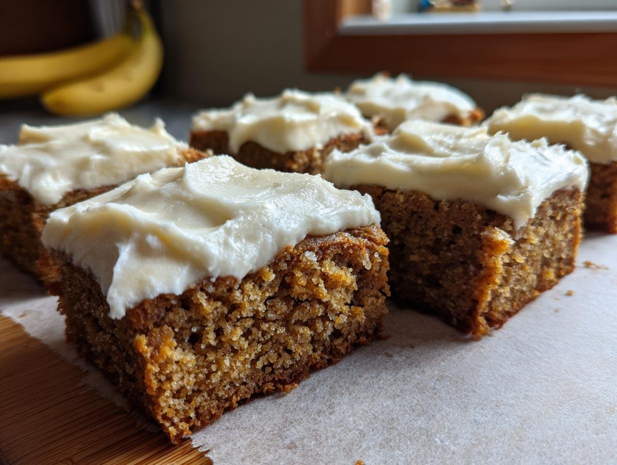 Close-up of irresistible banana bars topped with creamy cream cheese frosting.