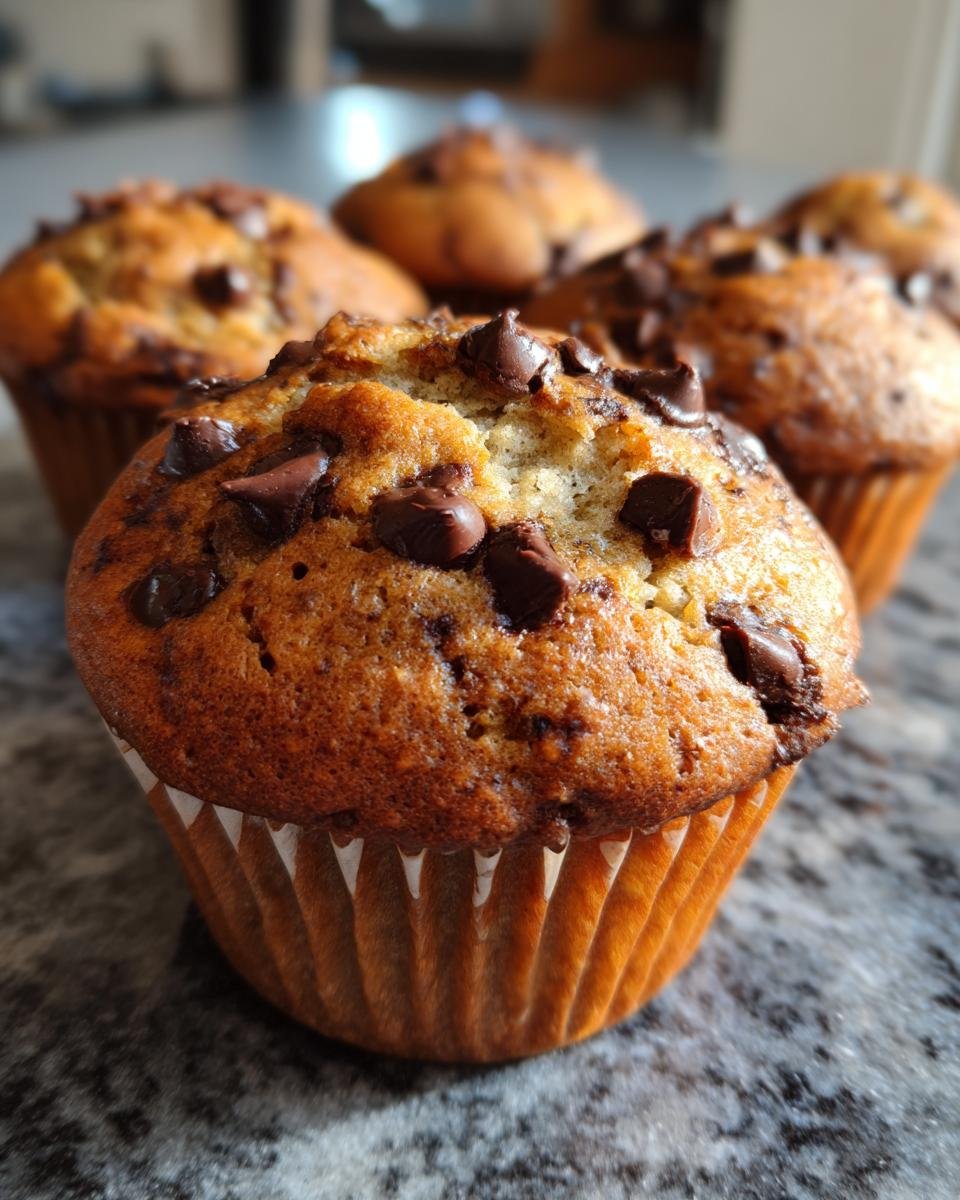 Close-up of irresistible banana muffins with chocolate chips, baked to golden perfection.
