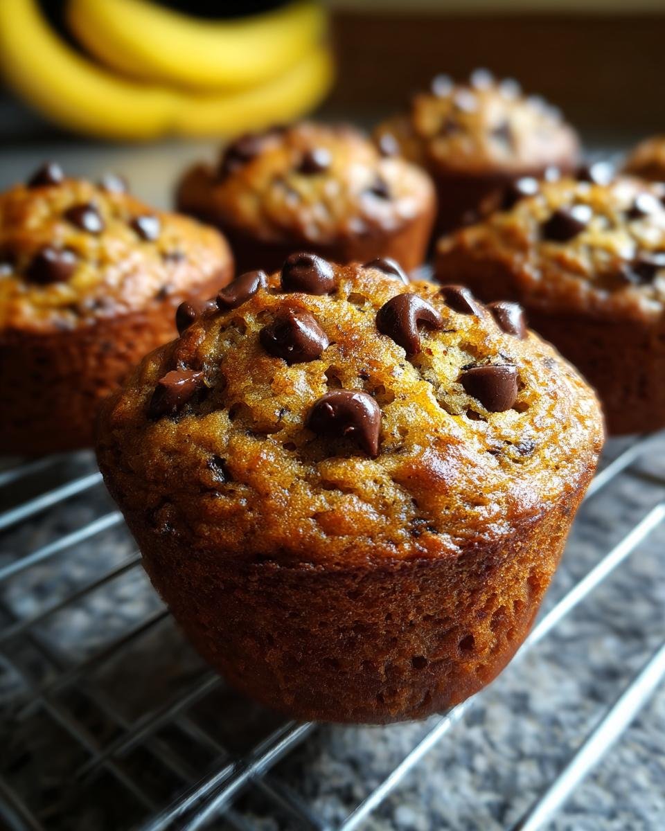 Close-up of irresistible banana muffins with chocolate chips cooling on a wire rack, with bananas in the background.