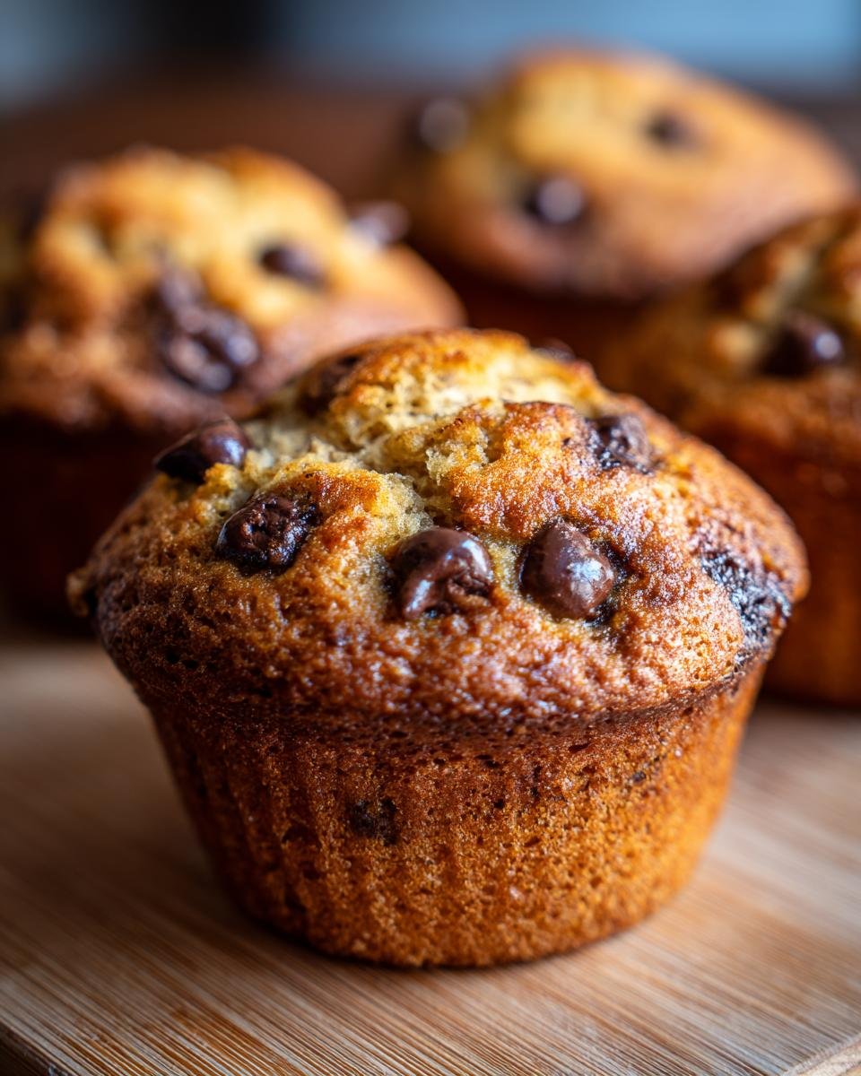 Close-up of an irresistible banana muffin with chocolate chips, showcasing its golden-brown crust and melted chocolate.