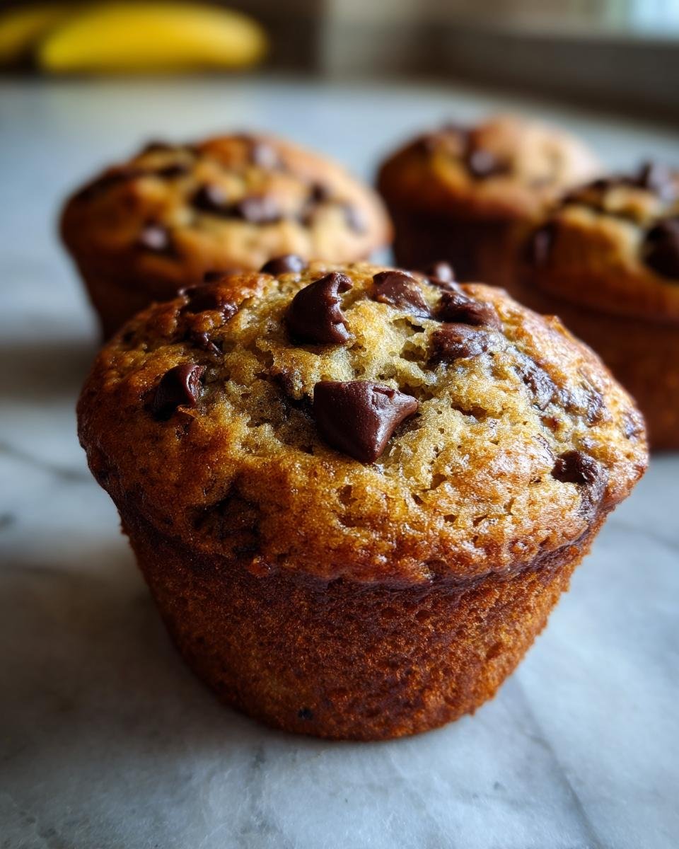 Close-up of an irresistible banana muffin with chocolate chips, with more muffins in the background.