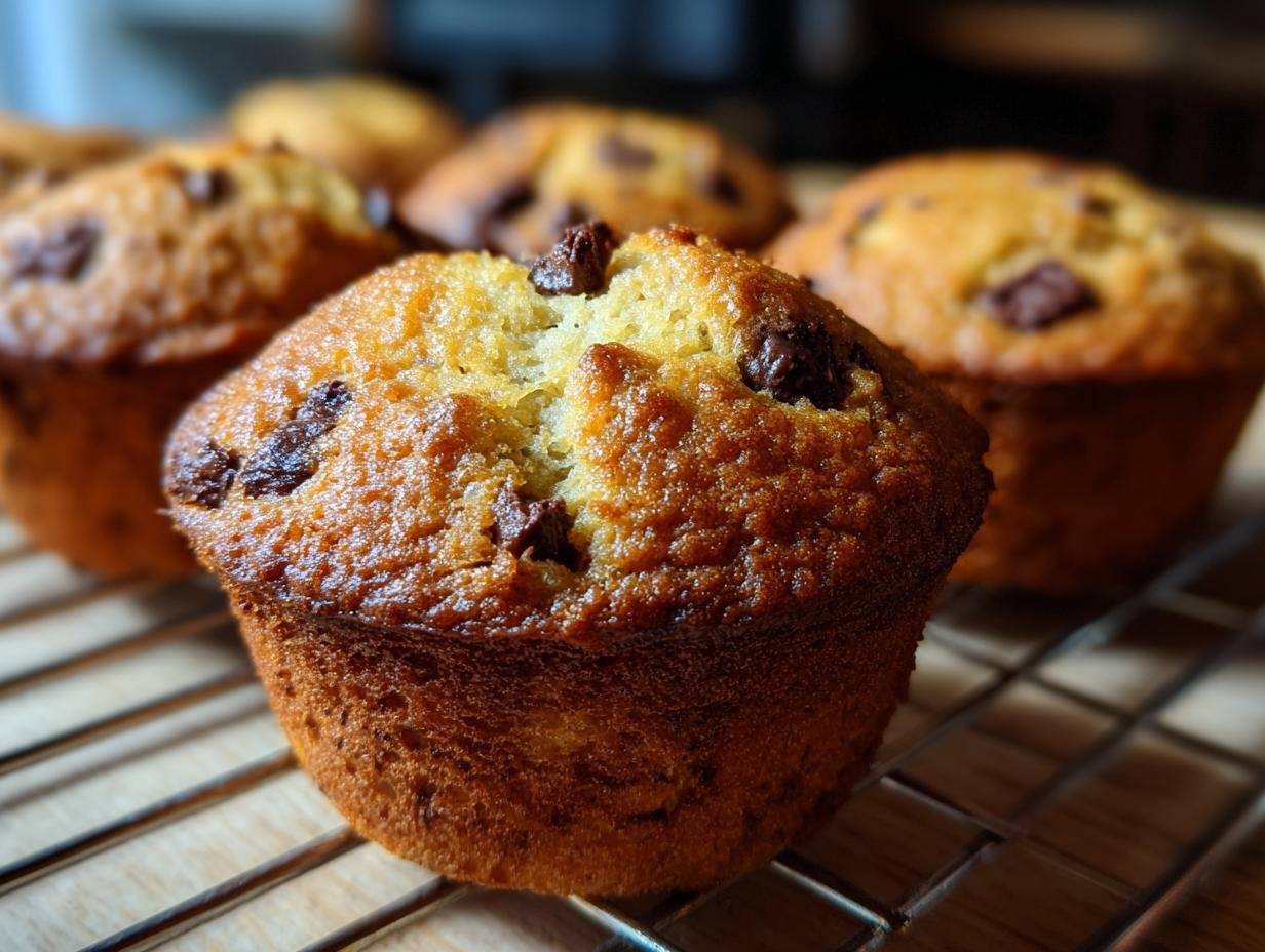 Close-up of irresistible banana muffins with chocolate chips cooling on a wire rack.