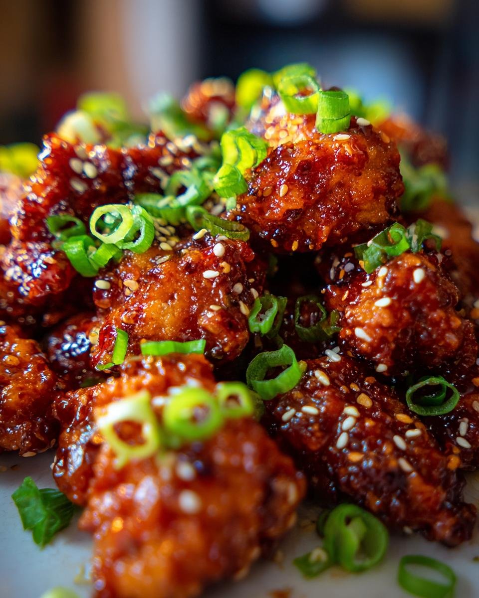 Close-up of Irresistible Bang Bang Chicken, coated in a glossy sauce and sprinkled with sesame seeds and green onions.