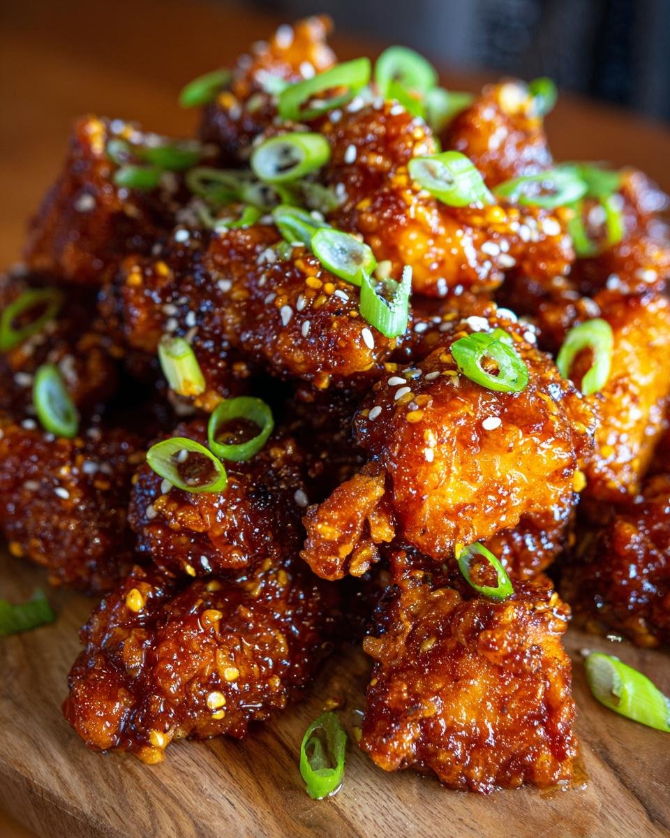 Close-up of crispy Irresistible Bang Bang Chicken pieces coated in a glossy sauce, sprinkled with sesame seeds and green onions.