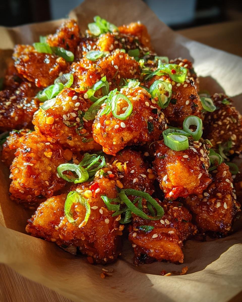 Close-up of Irresistible Bang Bang Chicken pieces coated in a glossy sauce, sprinkled with sesame seeds and green onions.