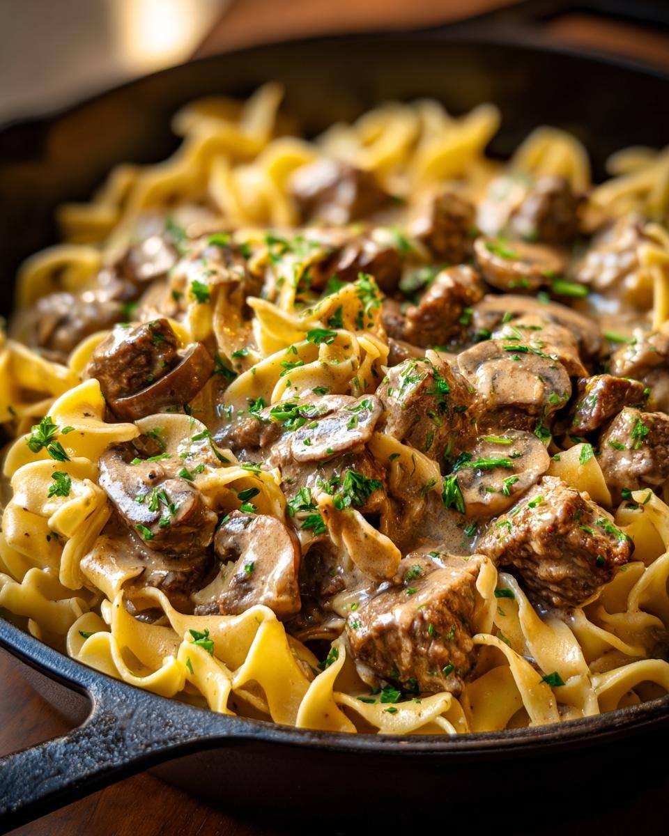 Close-up of Irresistible Beef Stroganoff With Ground Beef Recipe served over egg noodles, garnished with parsley.
