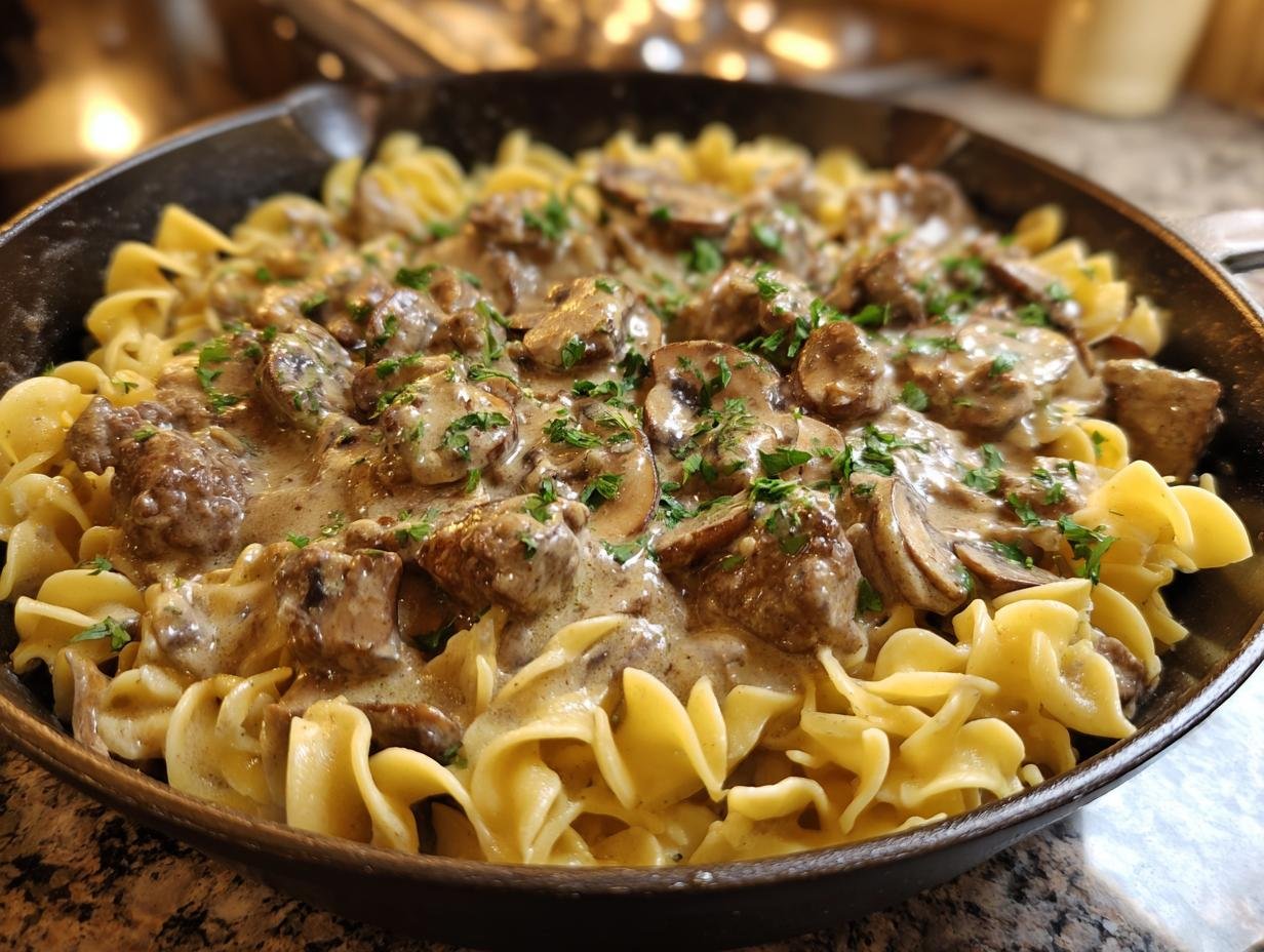 Close-up of Irresistible Beef Stroganoff With Ground Beef Recipe served over egg noodles in a cast iron skillet, garnished with parsley.