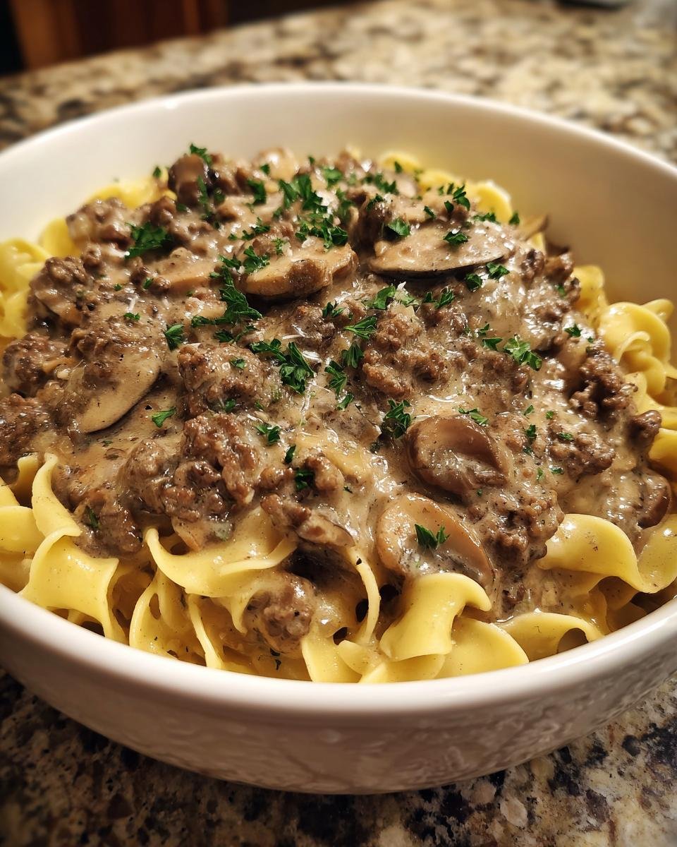 A bowl of Irresistible Beef Stroganoff With Ground Beef served over egg noodles, garnished with parsley.