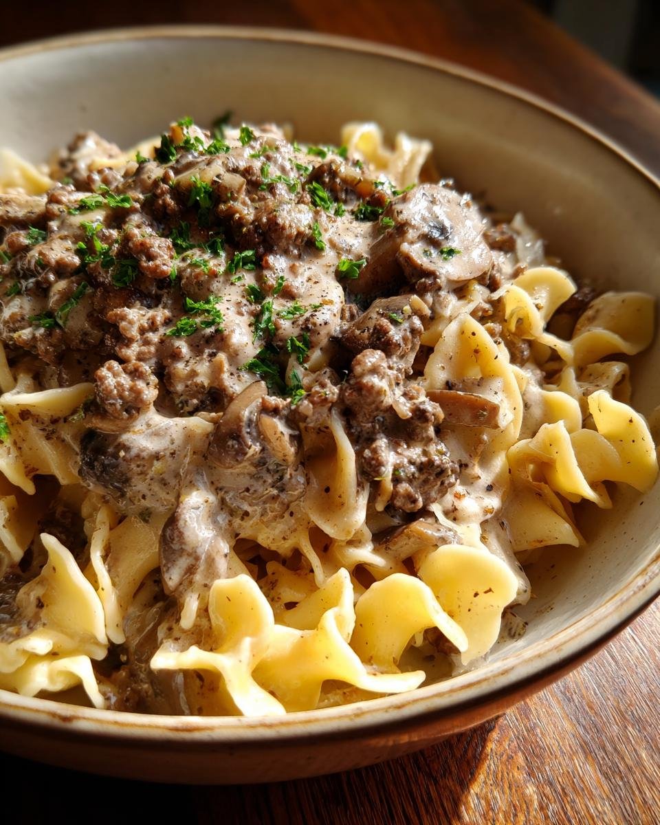 A close-up of Irresistible Beef Stroganoff With Ground Beef served over egg noodles, garnished with parsley.
