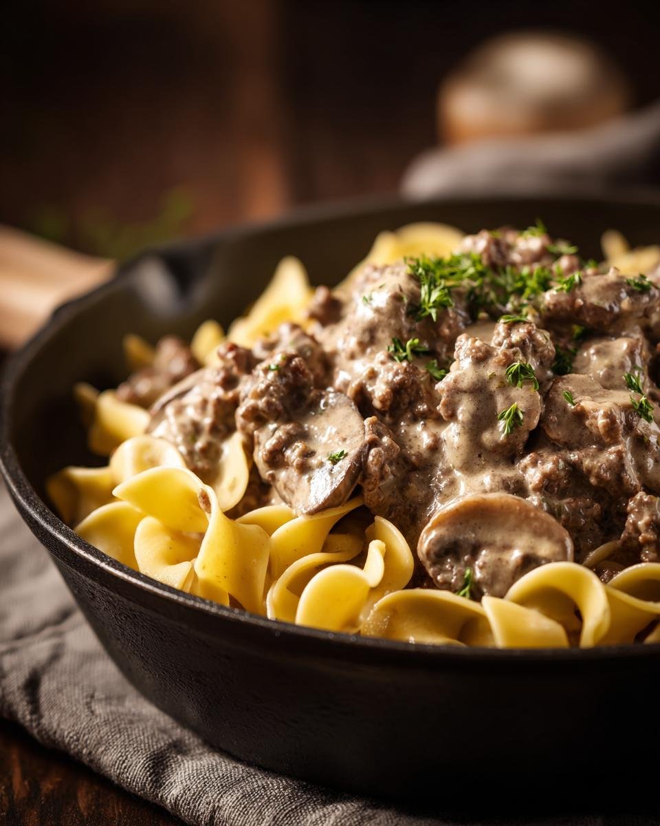 Close-up of Irresistible Beef Stroganoff With Ground Beef served over egg noodles in a cast iron skillet, garnished with parsley.