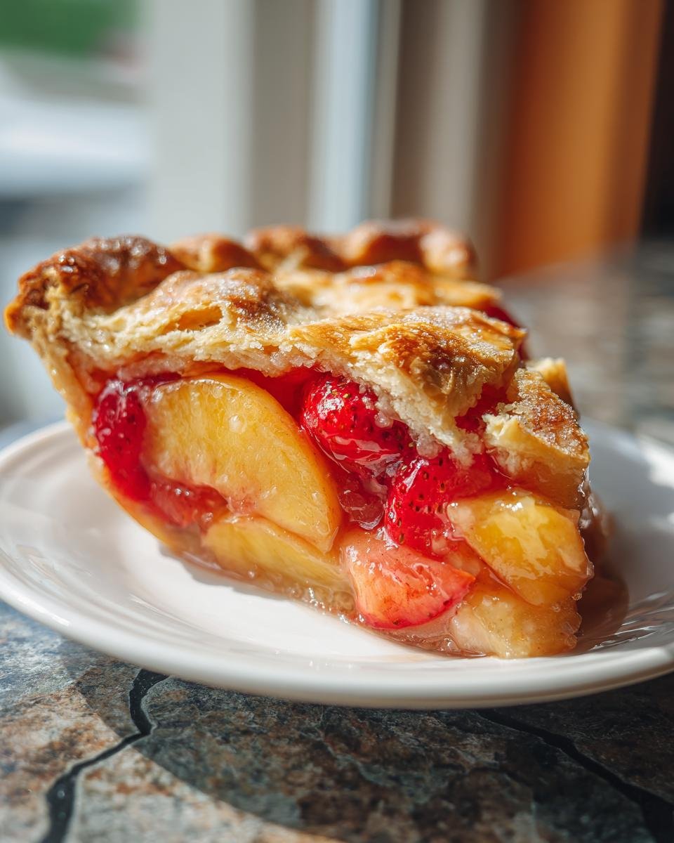 A close-up of a slice of Irresistible Brown Butter Strawberry Peach Pie, showcasing juicy fruit filling and flaky crust.