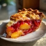 A close-up of a slice of Irresistible Brown Butter Strawberry Peach Pie, showcasing the flaky crust and juicy fruit filling.
