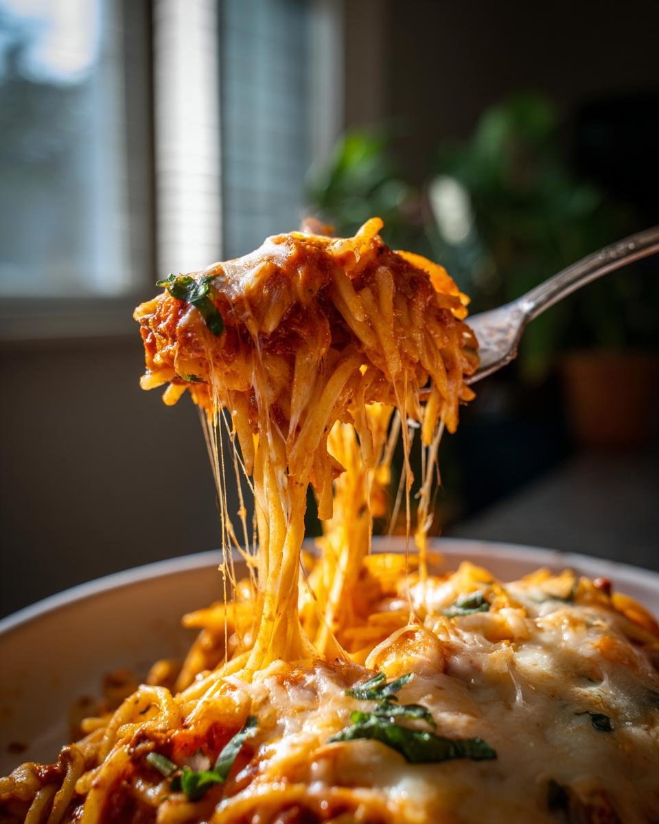 A fork lifts a generous portion of Irresistible Cheesy Taco Pasta, with long strands of cheese stretching from the bowl.