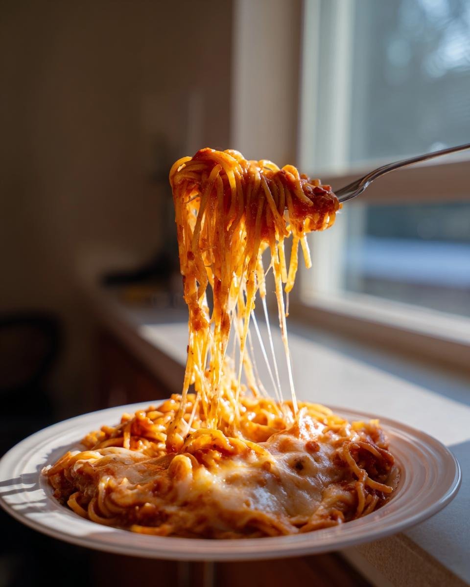 A fork lifting a generous portion of Irresistible Cheesy Taco Pasta, showing long strands of spaghetti covered in sauce and gooey, melted cheese.