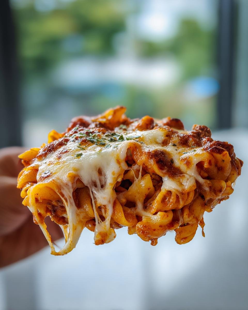 A close-up of a scoop of Irresistible Cheesy Taco Pasta, with melted cheese stretching.
