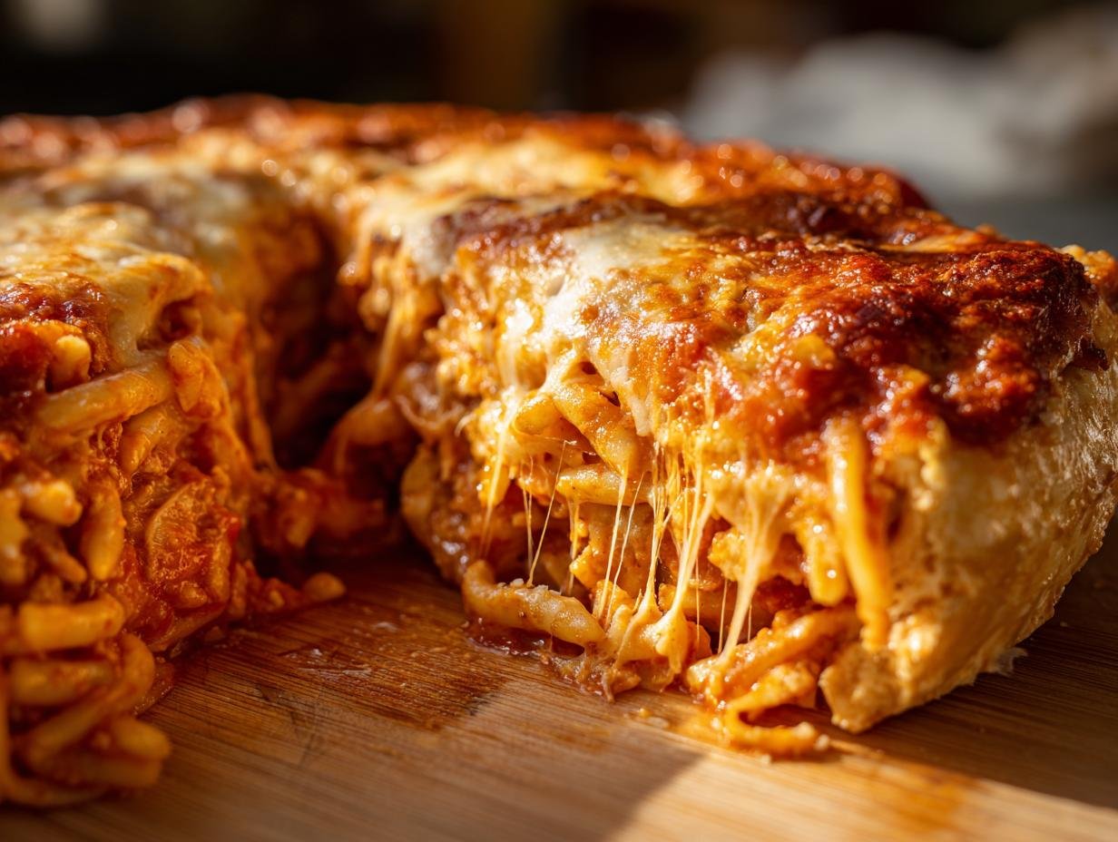 A close-up of a slice of Irresistible Cheesy Taco Pasta, with melted cheese stretching from the pasta.
