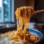 A spoonful of Irresistible Cheesy Taco Pasta with melted cheese stretching.