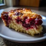 A close-up of a slice of irresistible cherry dump cake on a plate, showcasing juicy cherries and a golden crust.