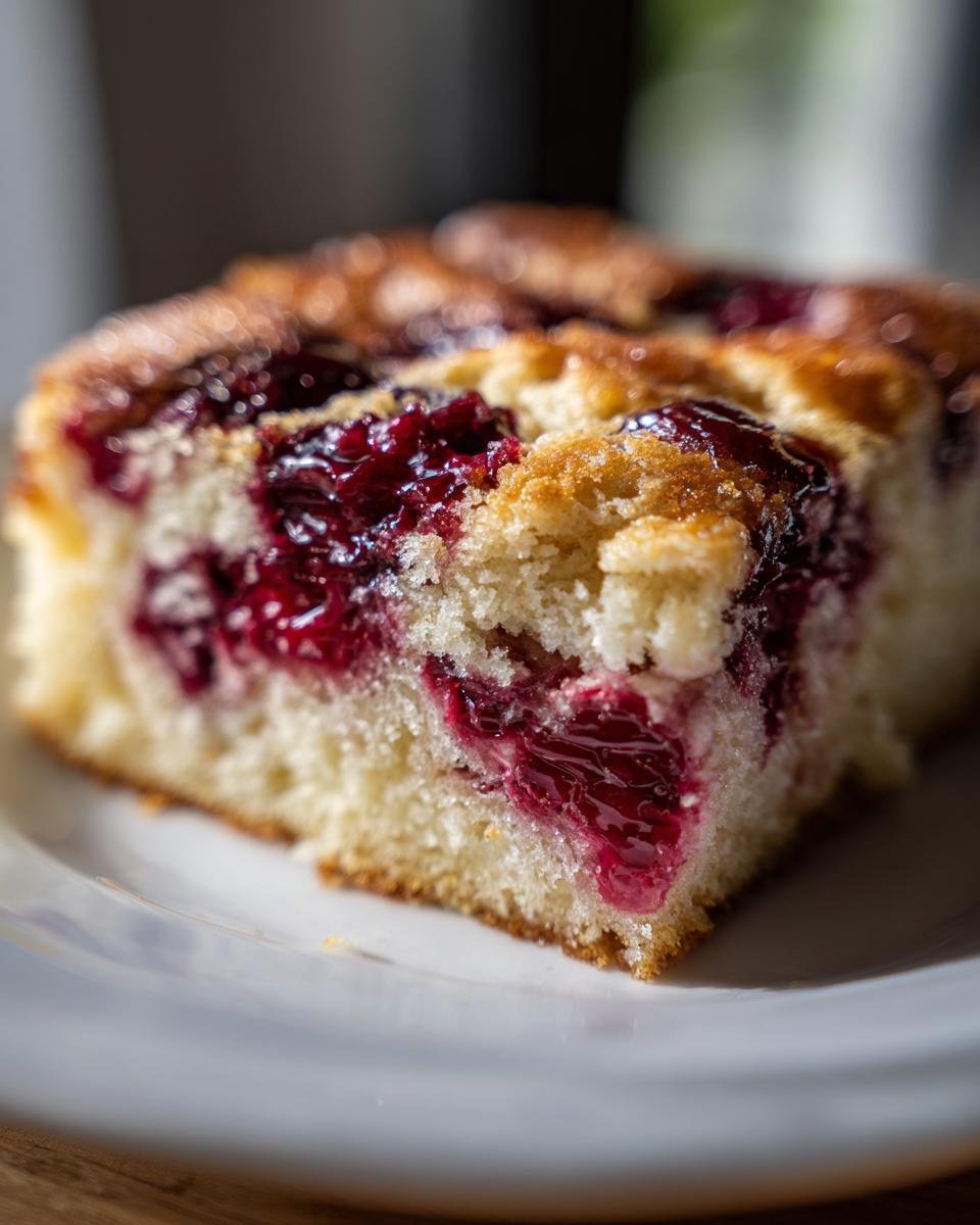 A close-up of a slice of Irresistible Cherry Dump Cake on a white plate, showing the moist cake and cherry filling.
