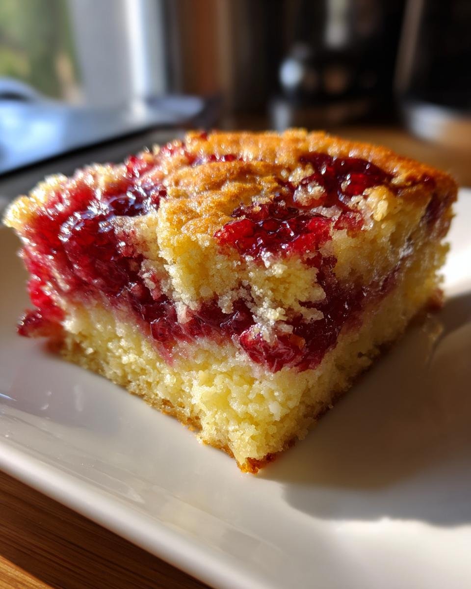 A close-up of a slice of Irresistible Cherry Dump Cake on a white plate, showcasing the cake's texture and cherry filling.