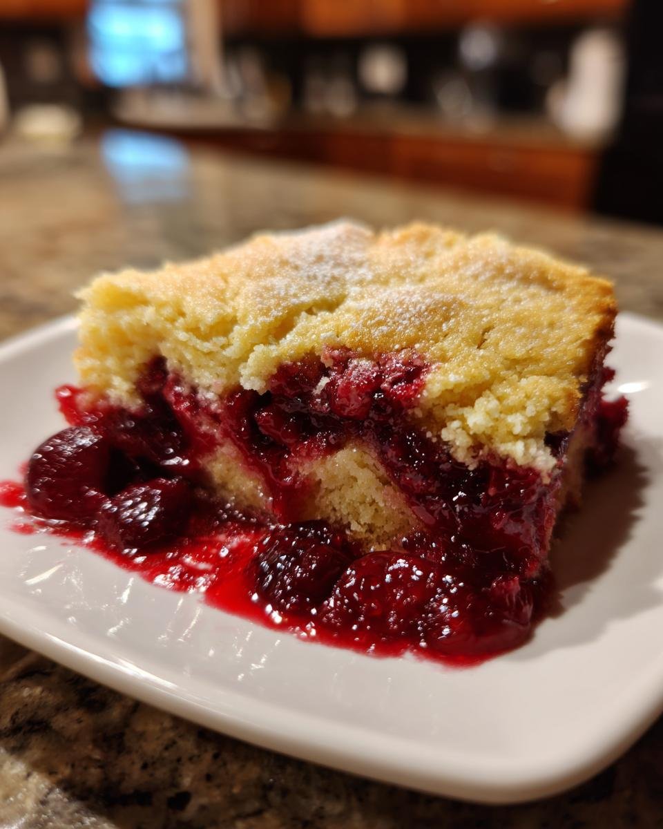 A close-up of a slice of Irresistible Cherry Dump Cake, showcasing a rich cherry filling and a golden cake topping.