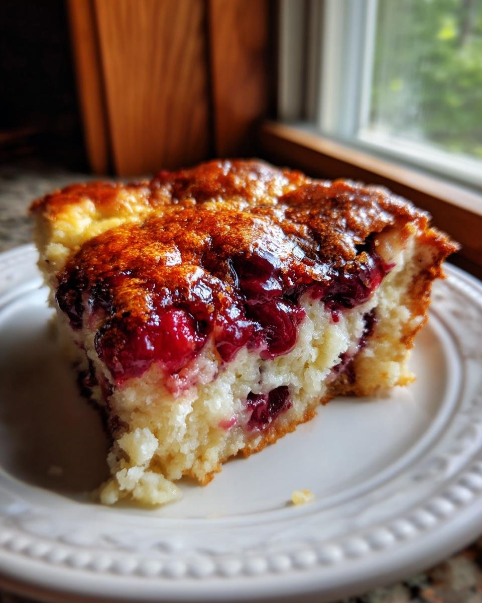 A close-up of a slice of Irresistible Cherry Dump Cake, showcasing moist cake and juicy cherries.