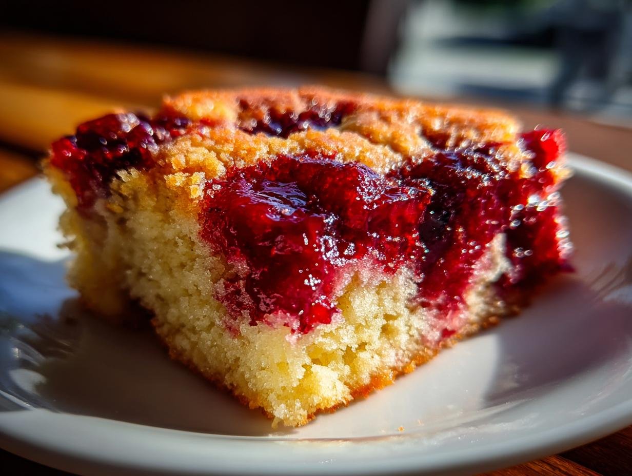 A close-up of a slice of Irresistible Cherry Dump Cake on a white plate, showcasing the moist cake and gooey cherry topping.