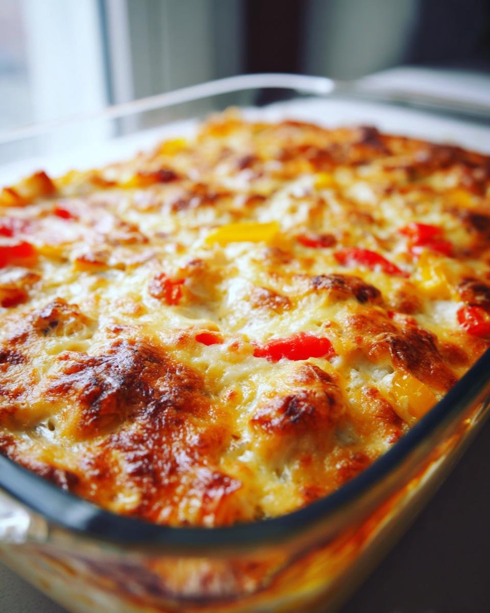 Close-up of a bubbling Irresistible Chicken Fajita Casserole Recipe For Dinner, topped with melted cheese and colorful bell peppers.