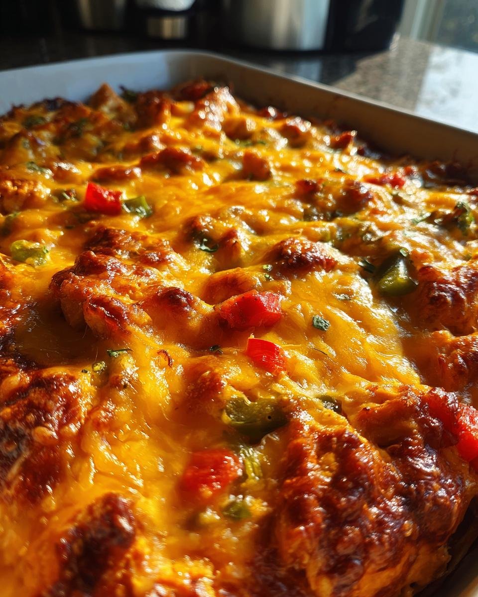Close-up of a bubbling Irresistible Chicken Fajita Casserole topped with melted cheese and visible chunks of chicken and peppers.