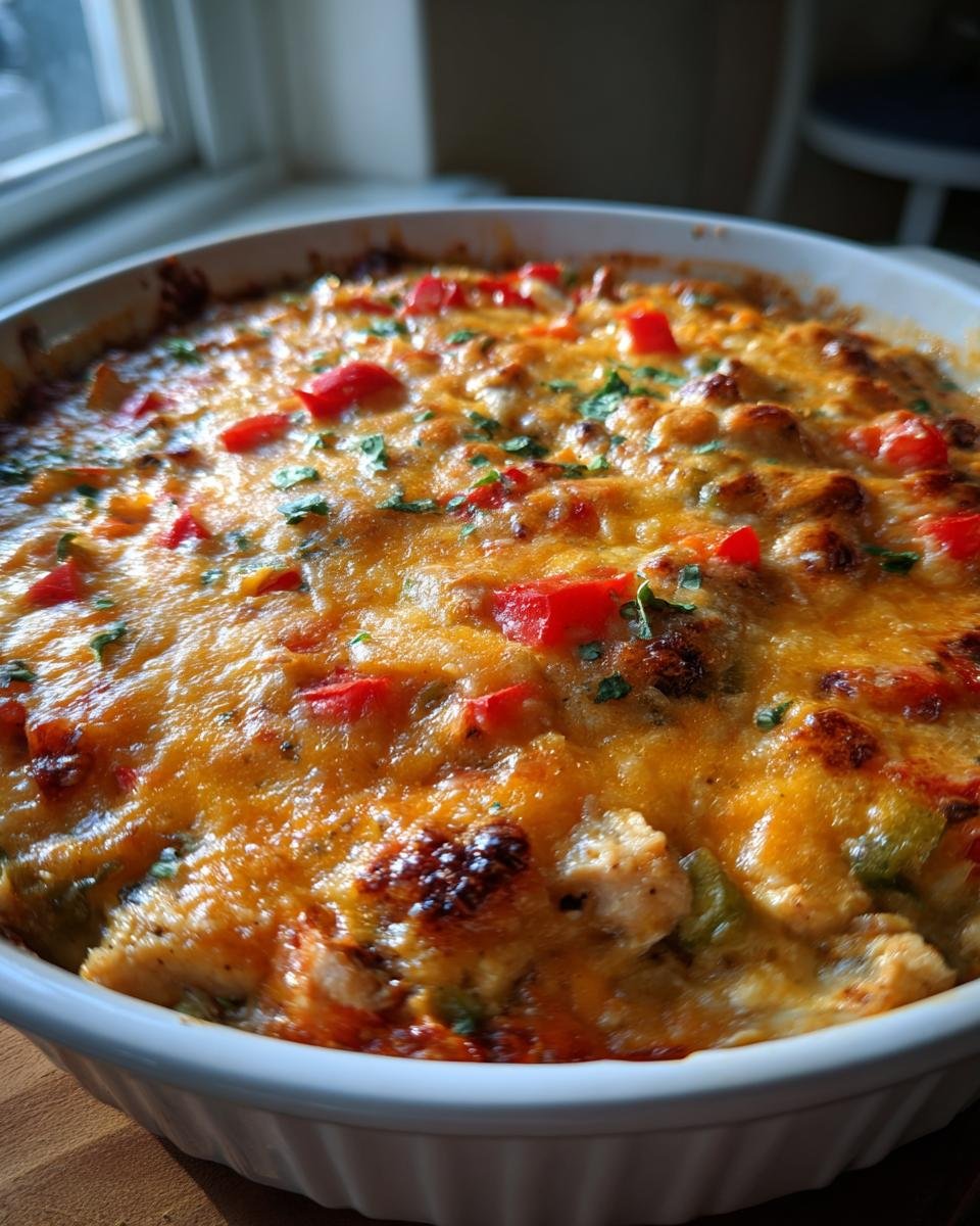 Close-up of a bubbling Irresistible Chicken Fajita Casserole topped with melted cheese and red peppers.