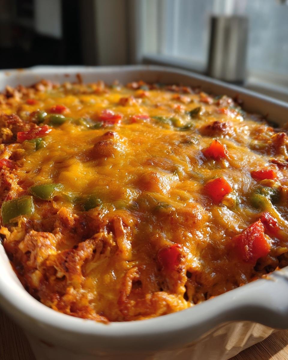 A close-up of a baked Irresistible Chicken Fajita Casserole topped with melted cheese and visible pieces of red and green peppers.