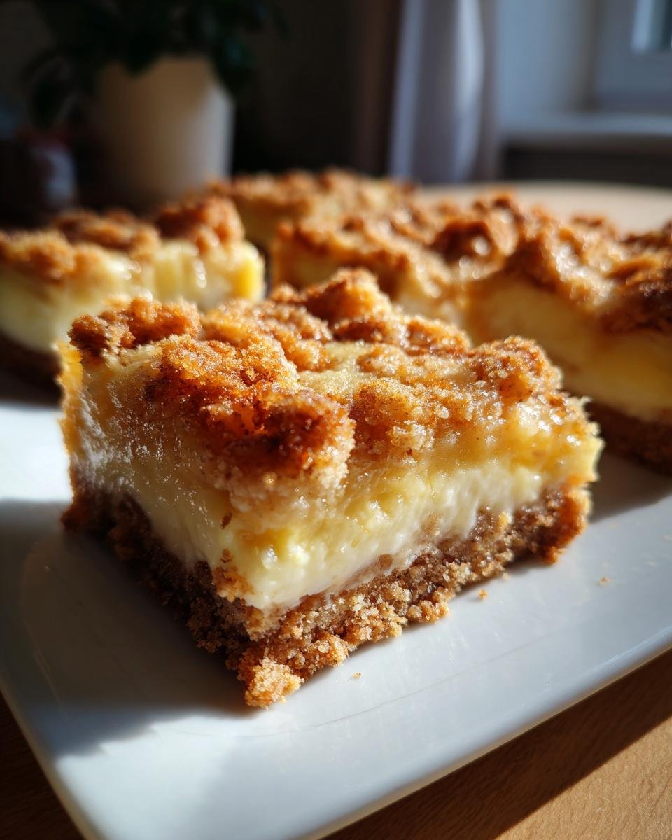Close-up of an Irresistible Creamy Rhubarb Custard Bar with a crumbly topping and creamy filling.