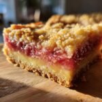 A close-up of a slice of Irresistible Creamy Rhubarb Custard Bars, showing the crumbly topping, pink rhubarb filling, and creamy custard layer.