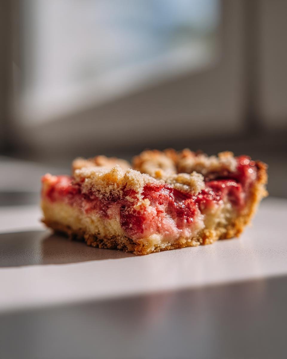 A close-up of a slice of Irresistible Creamy Rhubarb Custard Bars, showing the crumbly topping and creamy filling.