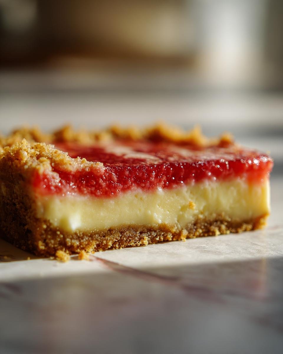 A close-up of a slice of Irresistible Creamy Rhubarb Custard Bars, showing the graham cracker crust, creamy custard layer, and ruby-red rhubarb topping.