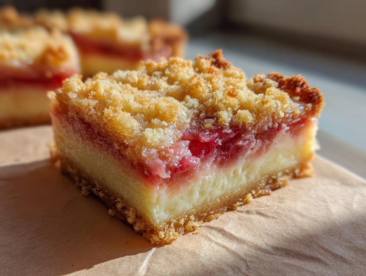 Close-up of a slice of Irresistible Creamy Rhubarb Custard Bars, showing the creamy custard, tart rhubarb filling, and crumbly topping.