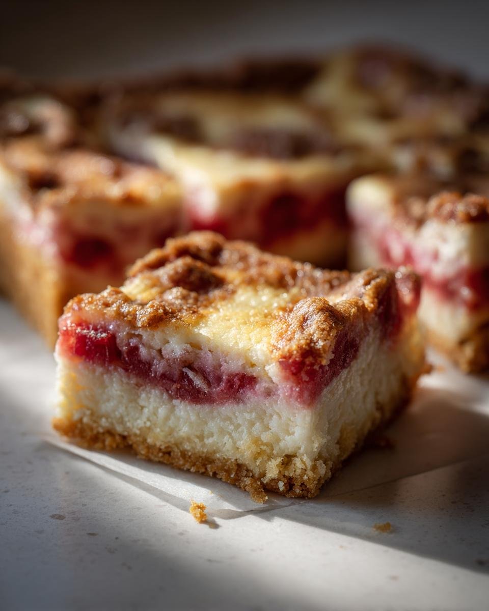 Close-up of an Irresistible Creamy Rhubarb Custard Bar, showcasing layers of crust, creamy custard, and tart rhubarb filling.