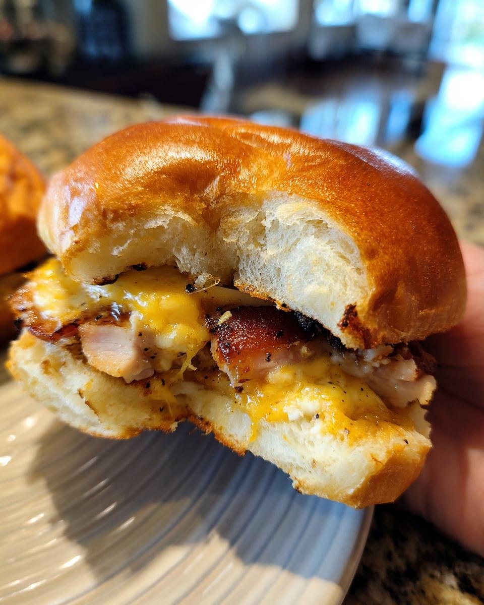 Close-up of a delicious ham and cheese slider with melted cheese and a golden bun, with a bite taken out.