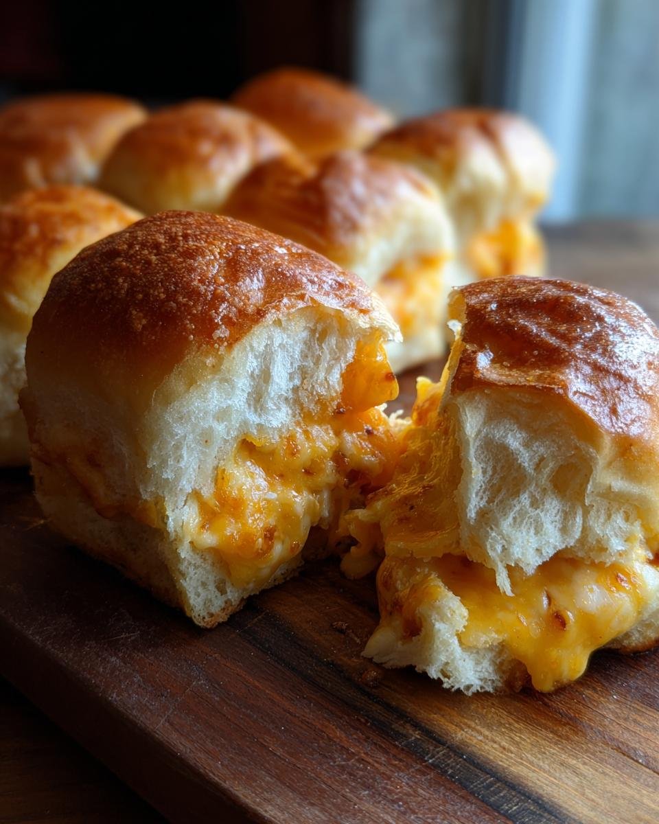 Close-up of an Irresistible Ham And Cheese Slider, split open to reveal gooey melted cheese and ham.