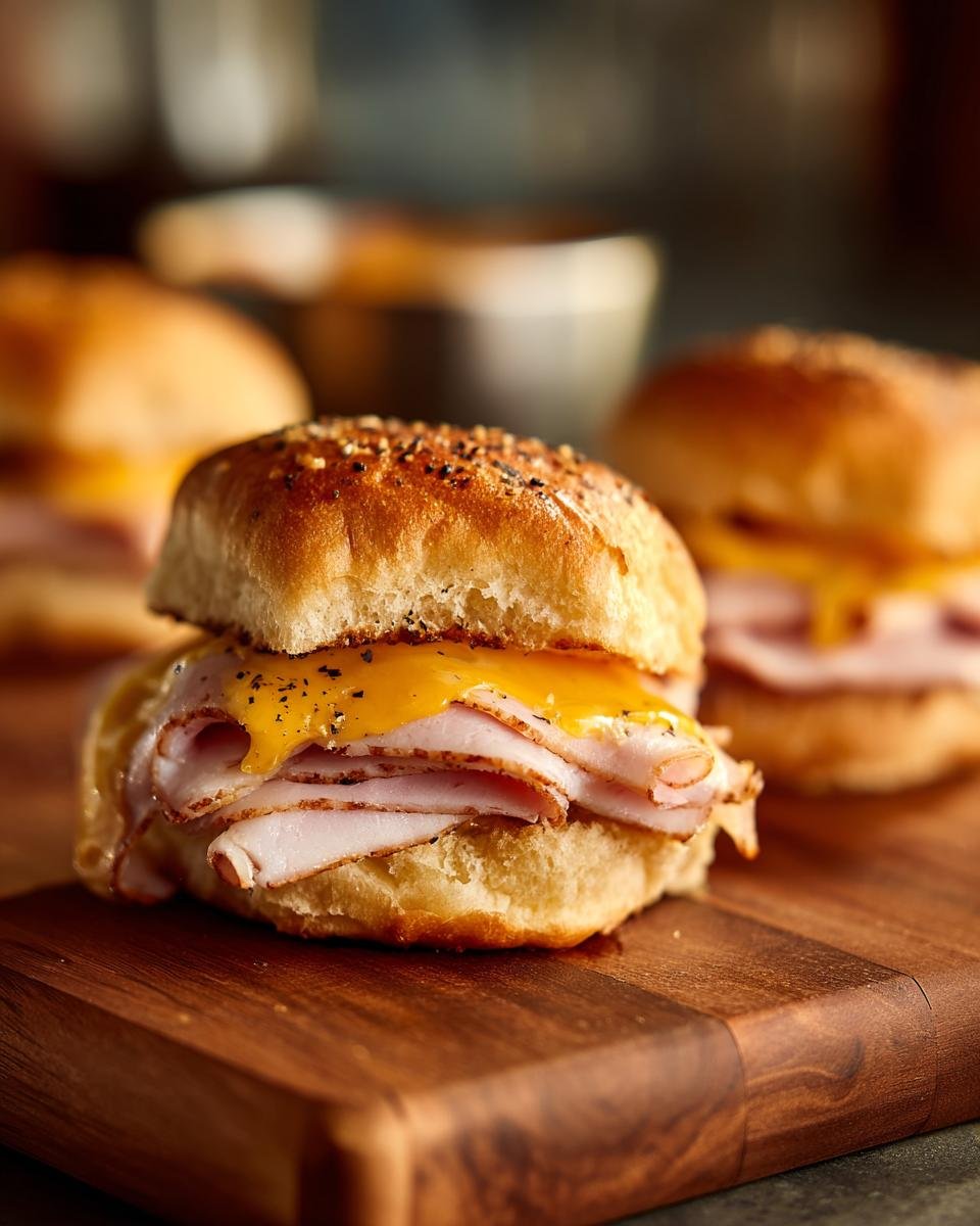 Close-up of an irresistible ham and cheese slider on a wooden board, with melted cheese and layered ham.