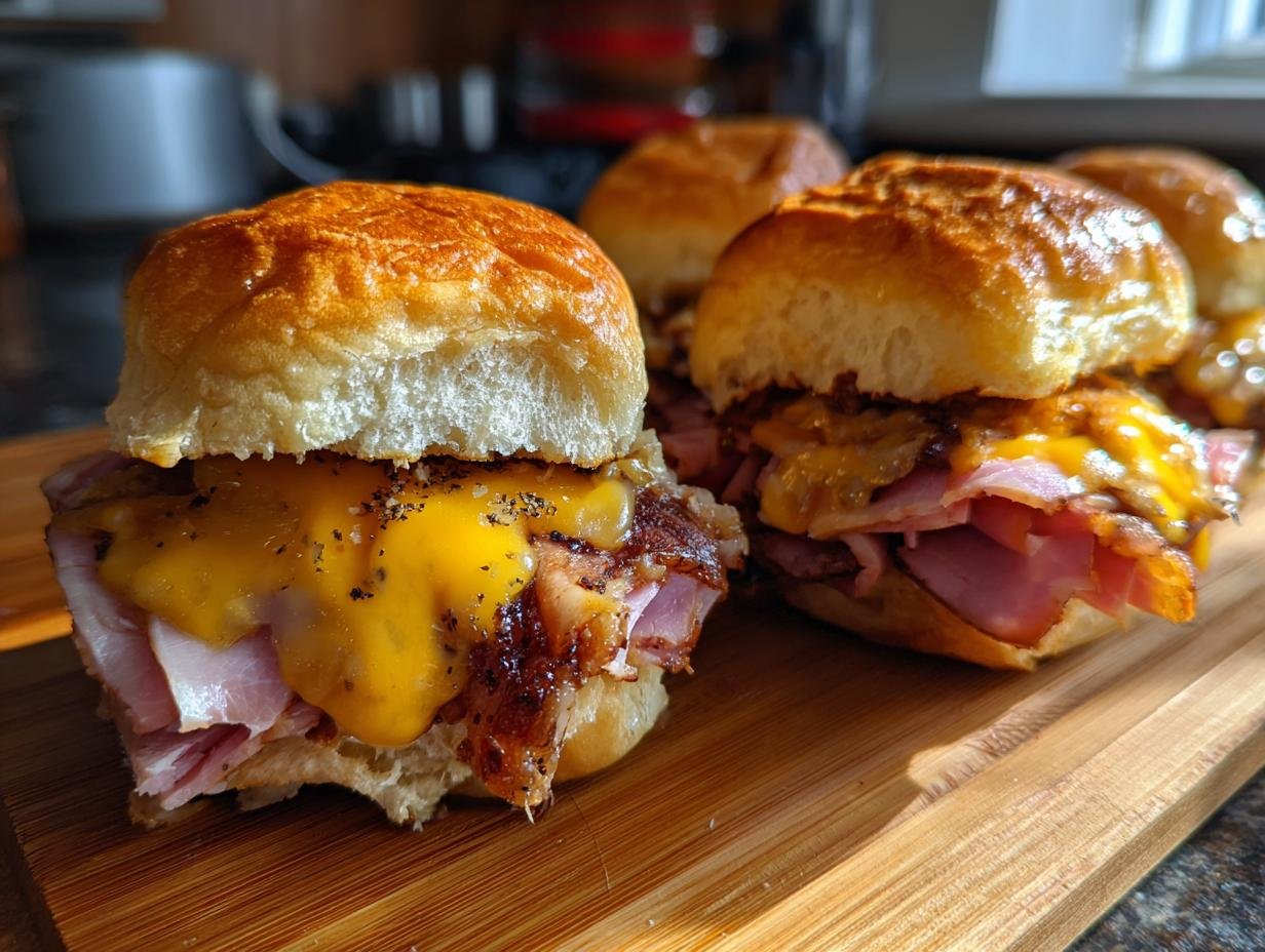 Close-up of several irresistible ham and cheese sliders on a wooden board, with melted cheese and ham.