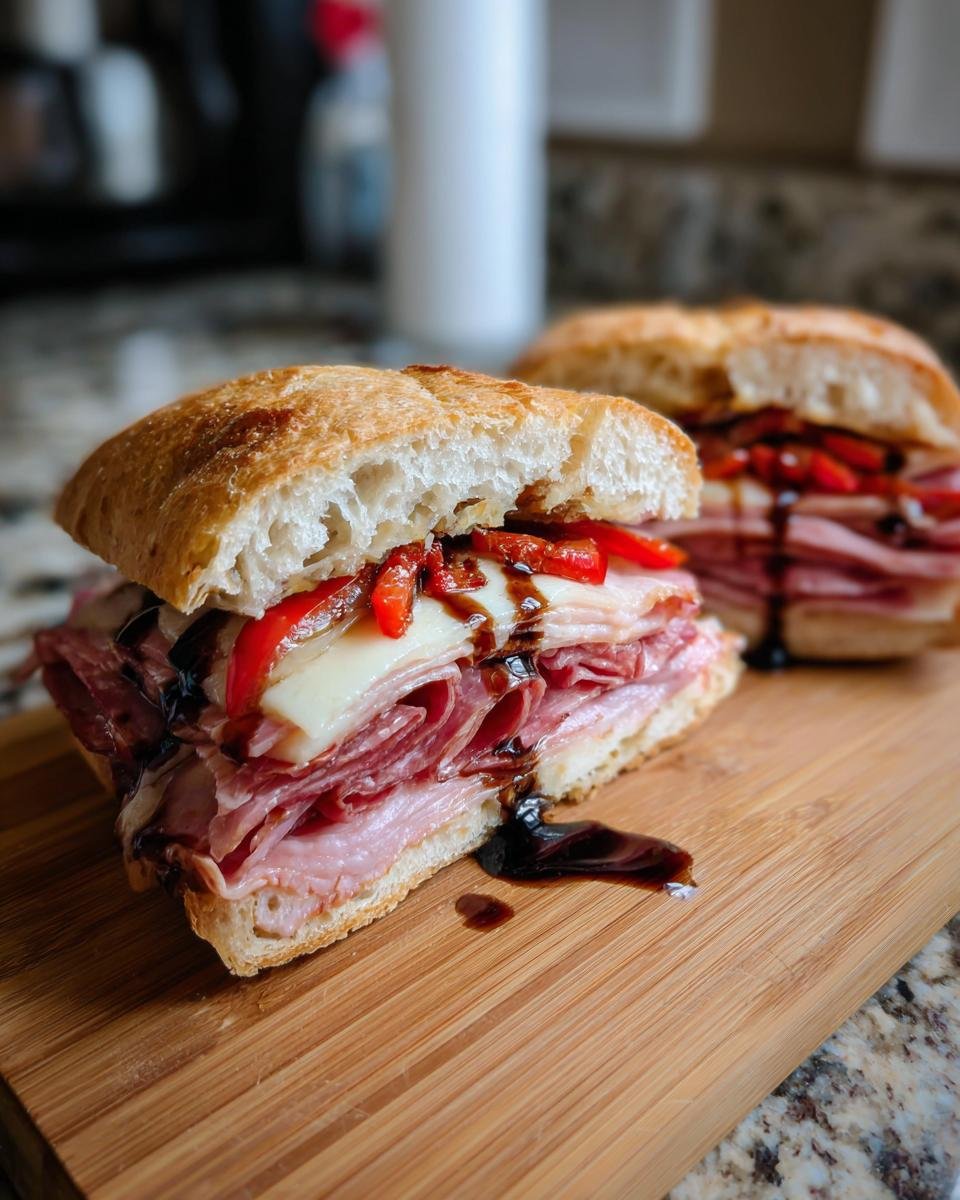 Close-up of an Irresistible Italian Sandwich piled high with meats, cheese, and peppers, drizzled with balsamic glaze.