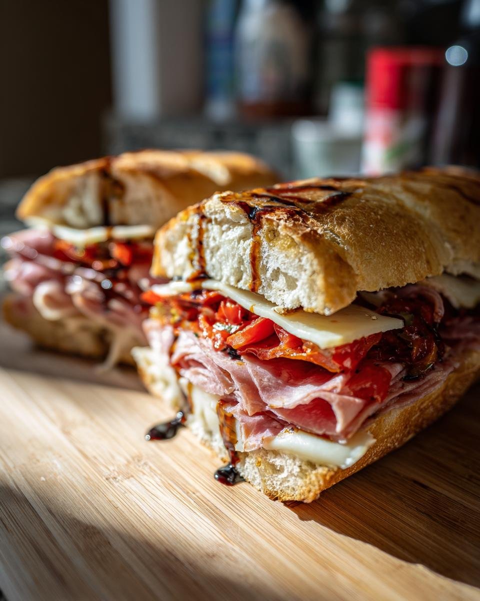 Close-up of an Irresistible Italian Sandwich with layers of meat, cheese, and roasted red peppers on a baguette.