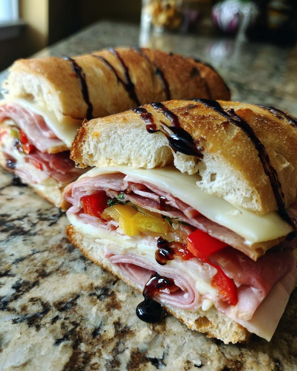 Close-up of an Irresistible Italian Sandwich cut in half, showing layers of ham, cheese, roasted peppers, and drizzled with balsamic glaze.