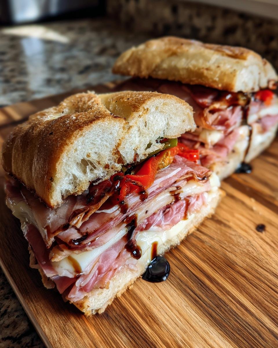 Close-up of an Irresistible Italian Sandwich recipe, showcasing layers of cured meats, cheese, roasted peppers, and a balsamic glaze on a crusty roll.