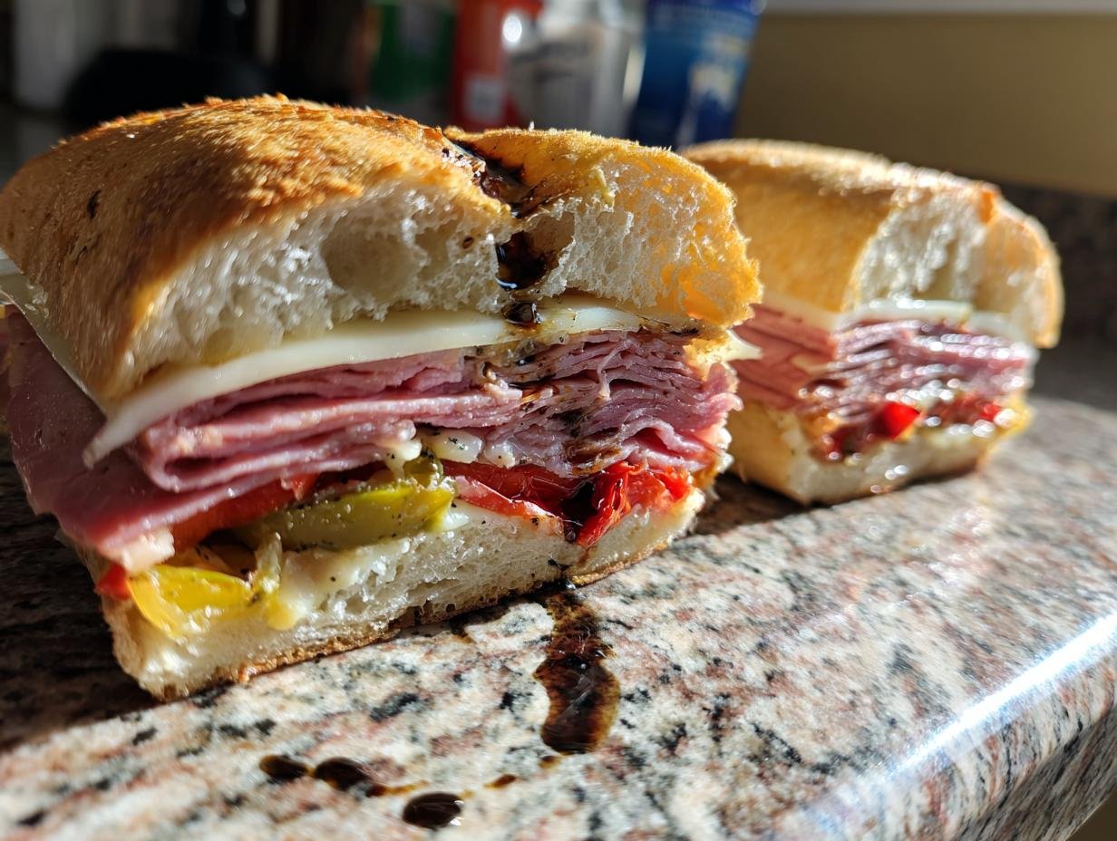 A delicious and hearty Irresistible Italian Sandwich, sliced in half, showcasing layers of cured meats, cheese, and roasted peppers.